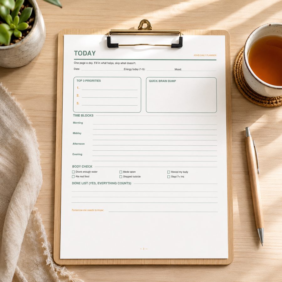 ADHD daily page on clipboard