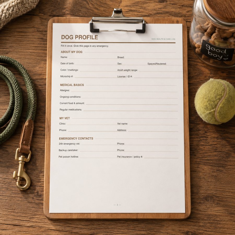 Dog profile page on clipboard